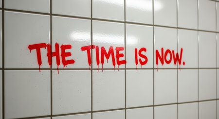 Red graffiti message "the time is now" on white tiled wallの素材