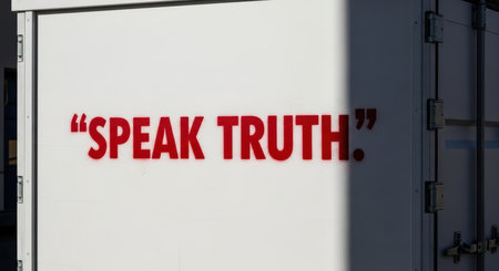 Bold red text 'speak truth' painted on white wallの素材