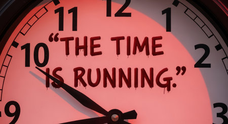 Clock with urgent message 'the time is running' in bold red lettersの素材