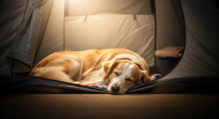 Cozy dog sleeping peacefully inside a camping tent at nightの素材