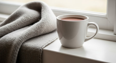 Cozy morning scene with coffee mug and knit blanket by sunlit windowの素材
