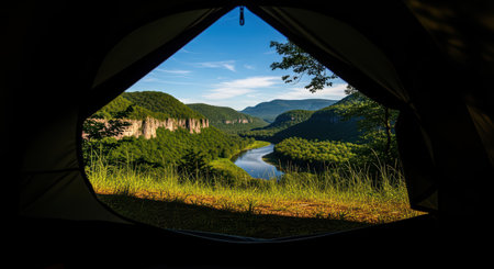 Scenic mountain and river view from a tent openingの素材