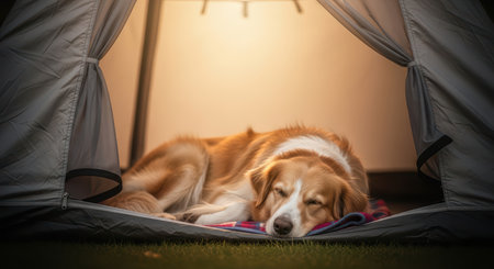 Cozy dog sleeping inside a tent at night illuminated by warm lightの素材