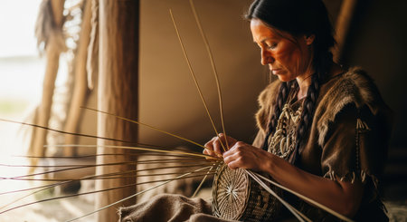 Indigenous female artisan weaving basket in traditional settingの素材