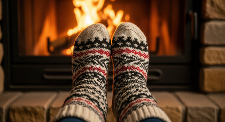 Cozy winter scene with wool socks by a warm fireplaceの素材
