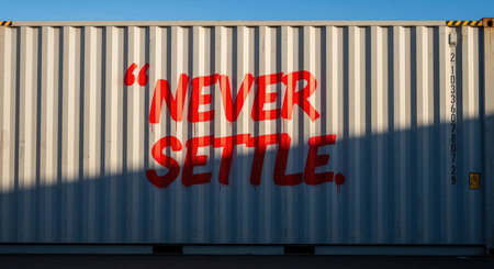 Red graffiti 'never settle' on white shipping container under clear skyの素材