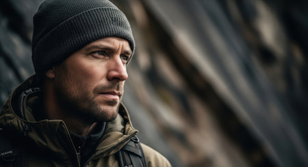 Pensive caucasian male adventurer in winter gear against mountainous landscapeの素材