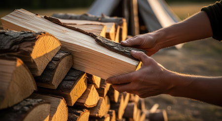 Close-up of hands stacking firewood at campsite during golden hourの素材