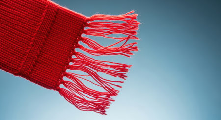 Vibrant red knitted scarf with fringes against blue backgroundの素材