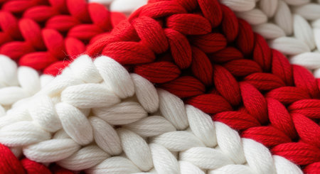 Close-up of red and white chunky knit blanket textureの素材