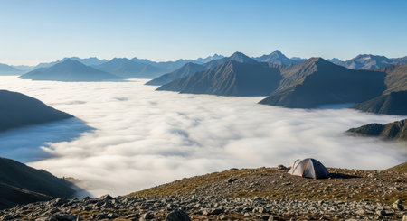 Tent overlooking majestic mountain range above clouds at sunriseの素材