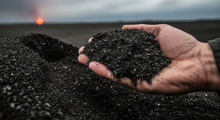 Volcanic ash in hand with erupting volcano in background at sunsetの素材