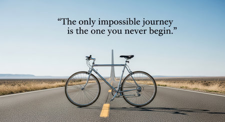 Inspirational quote with bicycle on open road and clear blue skyの素材