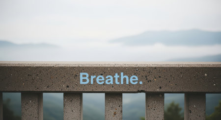 Serene mountain view with breathe message on concrete railingの素材