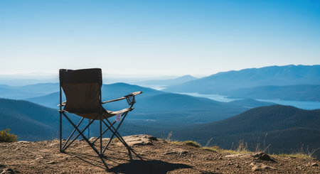 Solitary camping chair overlooking scenic mountain lake viewの素材