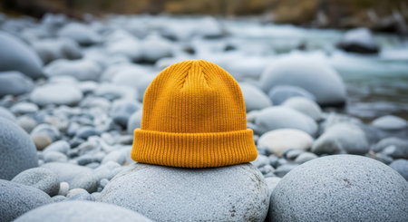 Yellow knit beanie on smooth river rocks outdoors in nature sceneの素材