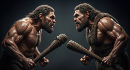 Two prehistoric men facing off with wooden clubs in tensionの素材