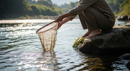 Asian young adult catches fish using traditional net by riverの素材