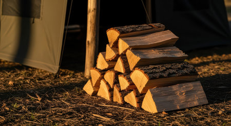 Stacked firewood outside tent at sunset in rustic camp settingの素材