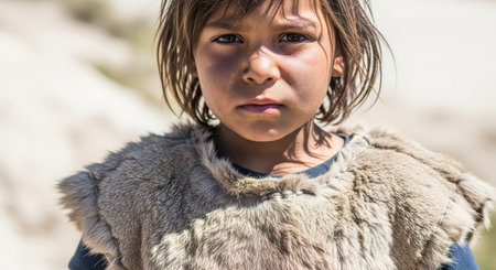 Young caucasian child in fur garment outdoors with intense expressionの素材