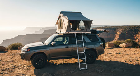 Suv with rooftop tent overlooking canyon at sunsetの素材
