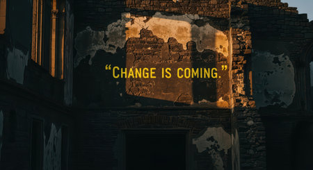 Weathered building facade with illuminated change is coming quoteの素材