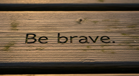 Inspirational message on wooden surface: be brave carved on rustic woodの素材