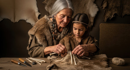 Elderly caucasian woman teaching young caucasian girl traditional crafting skillsの素材