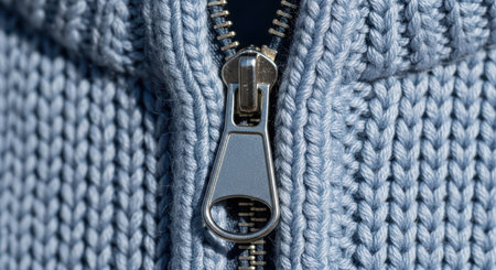Close-up of silver zipper on blue knitted fabricの素材