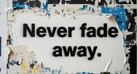 Peeling urban street art with bold text message on distressed wallの素材