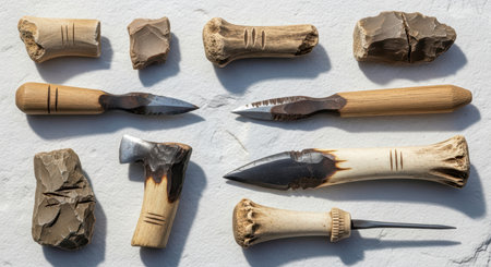 Collection of stone age tools: flint knives, bone handles, primitive craftsmanship on displayの素材