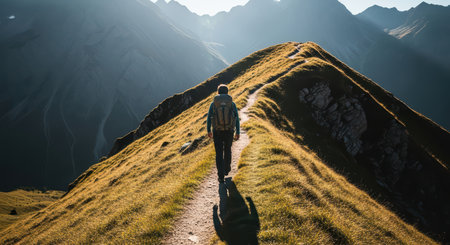 Solitary hiker on mountain path at sunriseの素材