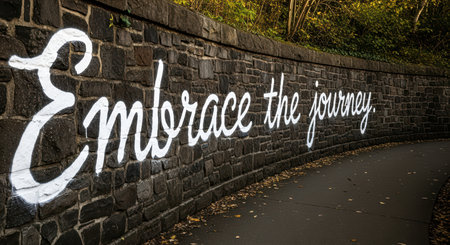 Inspirational wall art on curved stone pathway with autumn leavesの素材