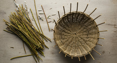 Handwoven willow basket with reed stems and crafting tools on wooden surfaceの素材