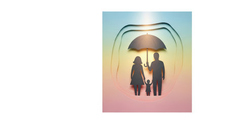 Silhouette of family under umbrella cutout art with gradient backgroundの素材