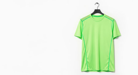 Green athletic t-shirt on hanger against white backgroundの素材