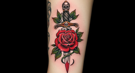 Tattoo of red rose and dagger with skull on skinの素材