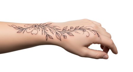 Intricate floral tattoo on caucasian female hand with delicate leaf designの素材