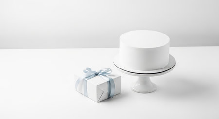 Minimalist white cake and gift box with blue ribbon on white backgroundの素材