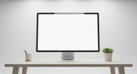 Minimalist workspace with blank computer monitor and small plantの素材