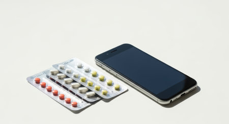 Smartphone and medication blisters on white surface - technology meets healthcareの素材