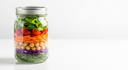 Vibrant layered salad in a jar with fresh vegetables on white backgroundの素材