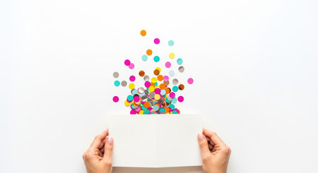 Hands holding card with colorful confetti burst on white backgroundの素材