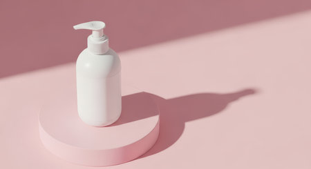 Minimalist white pump bottle on pink platform with shadow in soft lightの素材