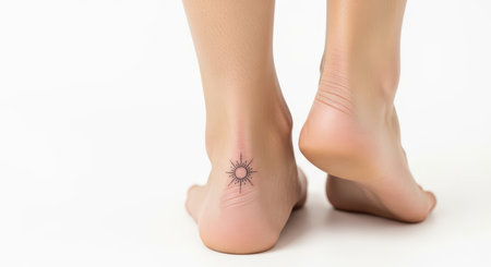 Minimalist sun tattoo on female ankleの素材