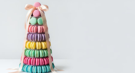 Colorful macaron tower with pastel ribbons on white backgroundの素材