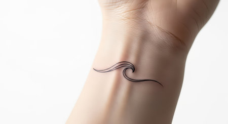 Minimalist black wave tattoo on female wrist against light backgroundの素材