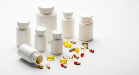 Assorted supplement capsules and white bottles on a white backgroundの素材