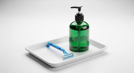 Shaving essentials: green soap dispenser and blue razor on white trayの素材