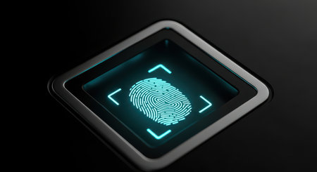 Futuristic biometric fingerprint scanner with glowing interfaceの素材